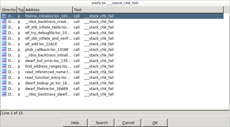 Screenshot of IDA Pro listing cross references to __stack_chk_fail in hello-rust.