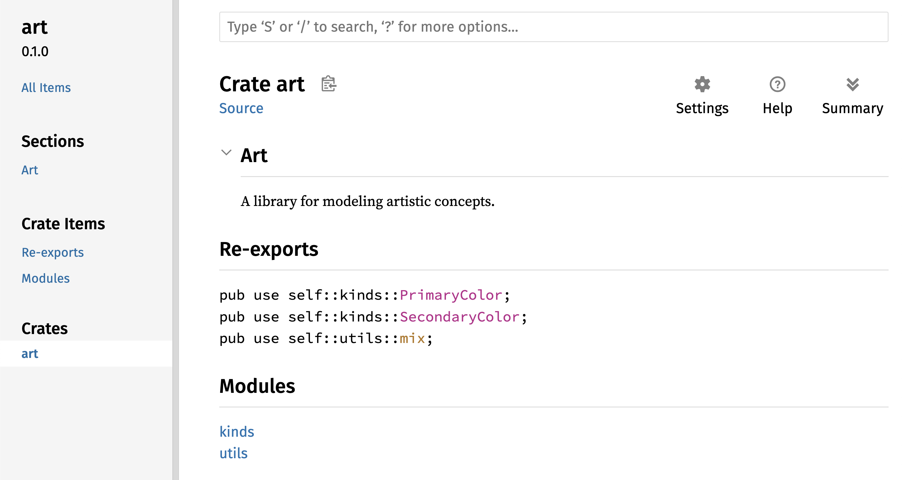 Rendered documentation for the `art` crate with the re-exports on the front page