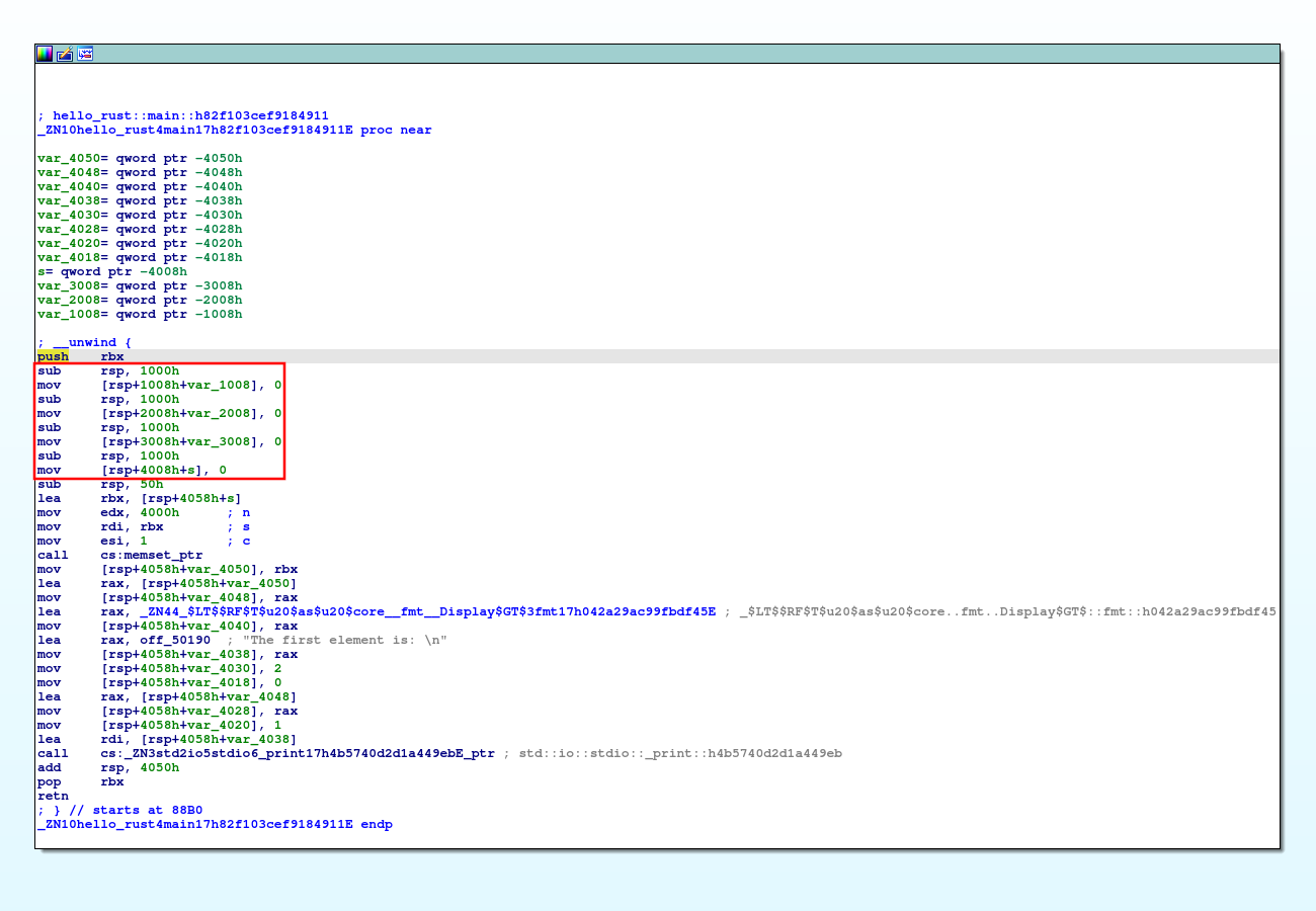 Screenshot of IDA Pro listing the "unrolled loop" stack probe variant in modified hello-rust.